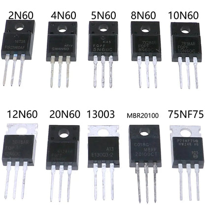 Kit Surtido Transistores/Diodos TO-220 - 10 Tipos (MOSFETs N-Ch, BJT, Schottky) en Caja (Total 50 Piezas)
