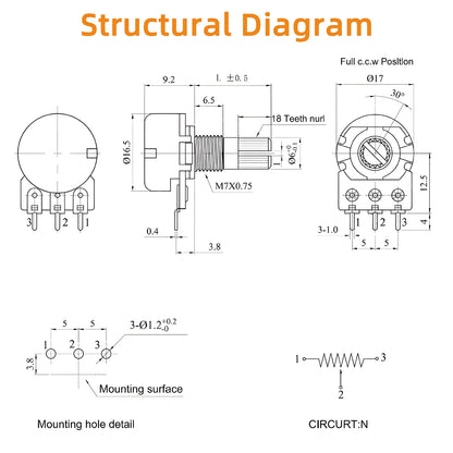 Kit Surtido Potenciómetros Variables WH148 (1K/10K/50K/500K/1M Ohm) con Tuercas y Arandelas (30 Sets)