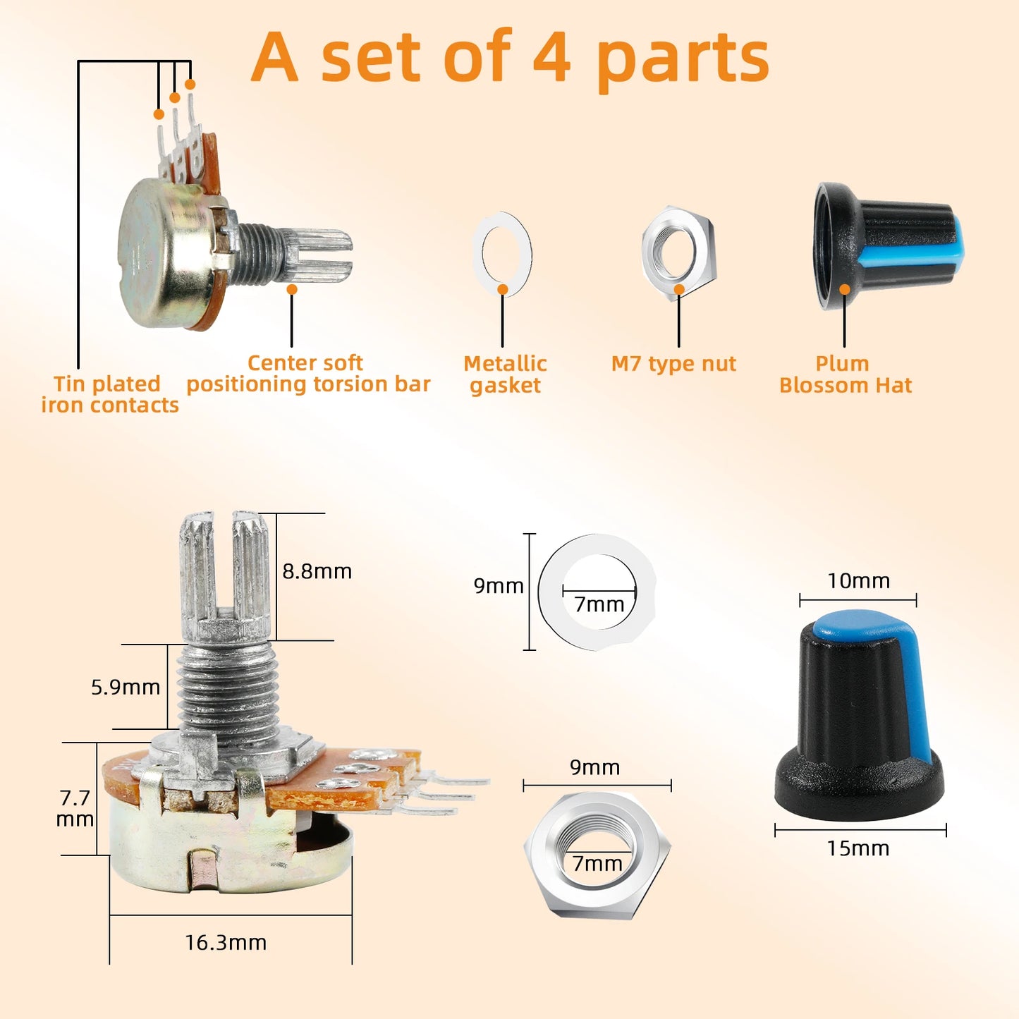Kit Surtido Potenciómetros Variables WH148 (1K/10K/50K/500K/1M Ohm) con Tuercas y Arandelas (30 Sets)