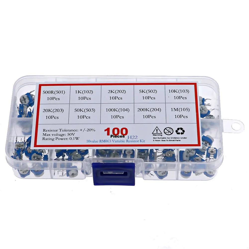 100pcs 10Kinds x 10pcs  RM063 Horizontal Trimpot Potentiometer Assortment Kit Box