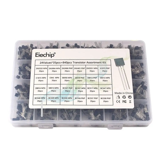 Kit Surtido Transistores TO-92 NPN/PNP (BC547/327/337, 2N2222/3904/3906, C945) en Caja - 200-900 Piezas