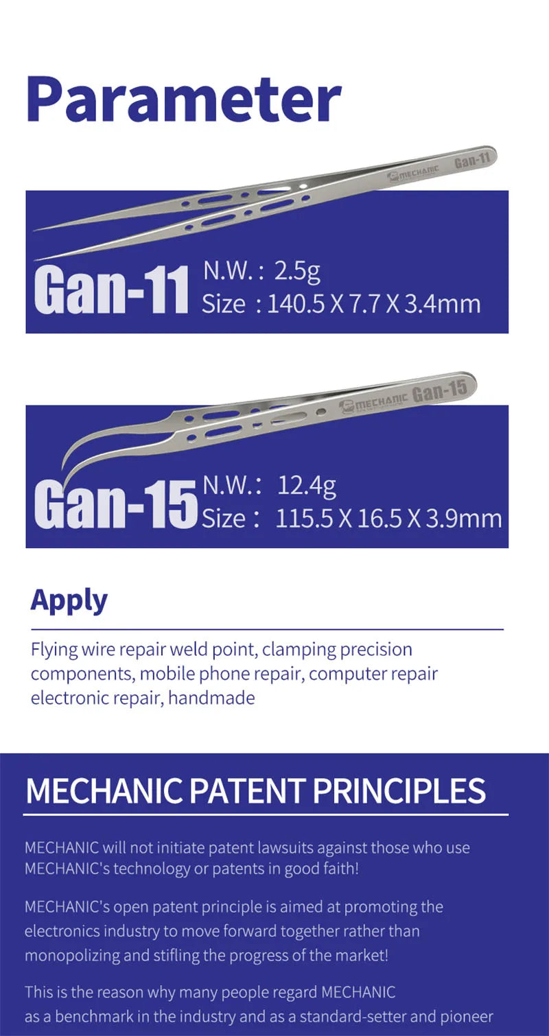 Pinzas Precisión MECHANIC GAN-11 / GAN-15 (Extra Duras, No Magnéticas) para Reparación Teléfono/Electrónica (Cable Salto)