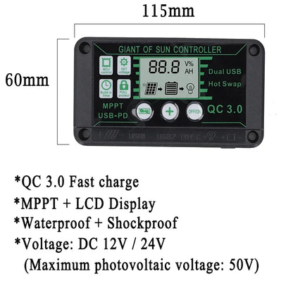 Controlador Carga Solar MPPT 10A-100A 12V/24V Max PV 50V Regulador Panel Dual USB Auto Display