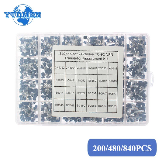 Kit Surtido Transistores TO-92 en Caja (BC547/BC327/BC337/2N2222/3906/C945, PNP/NPN) Set Electrónico (200/480/840 Piezas)
