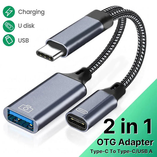 Adaptador OTG 2-en-1 USB-C a USB con Puerto Carga PD para Samsung/Huawei/Xiaomi/Laptop/Tablet