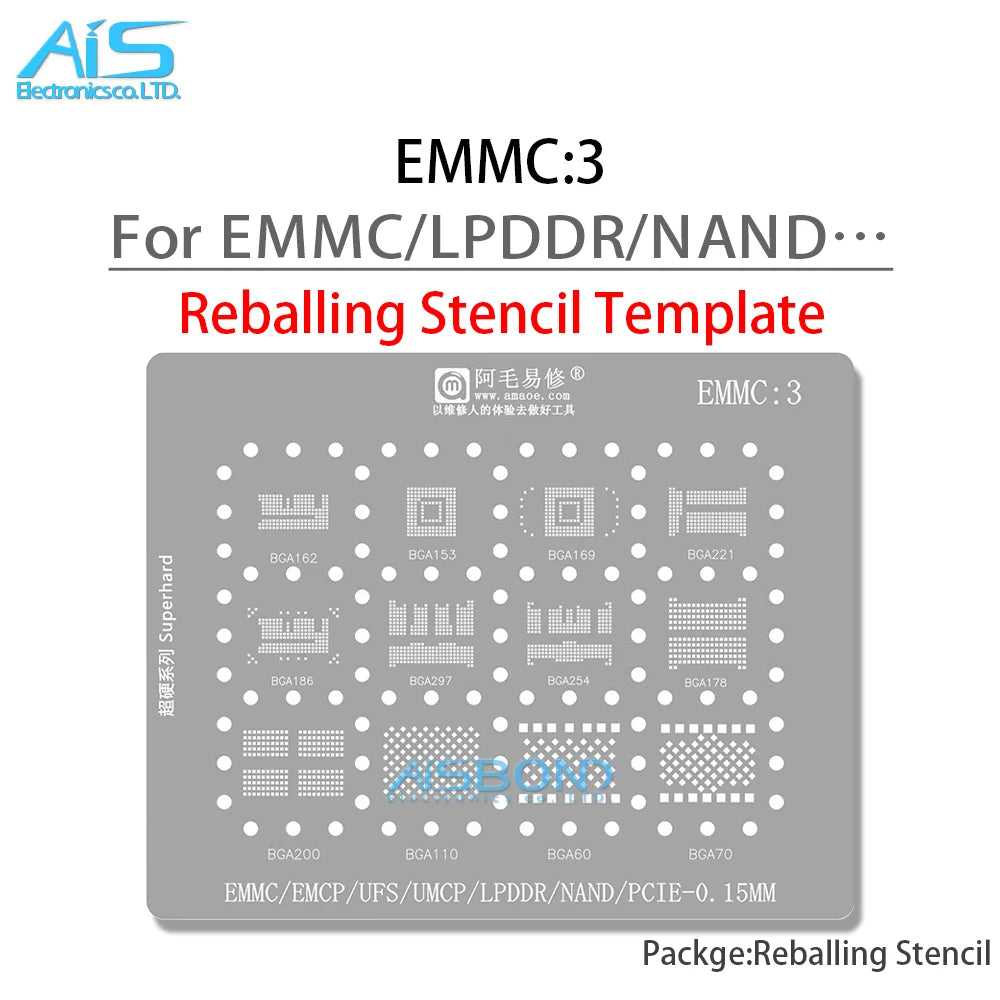 Plantilla Stencil BGA Reballing Universal para EMMC/EMCP/UFS/UMCP/LPDDR/NAND (Varios Tamaños BGA 110-297)