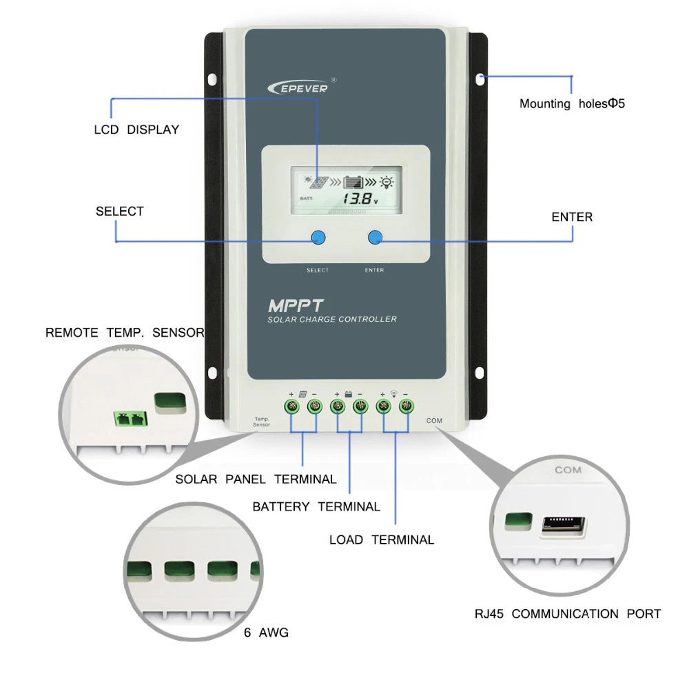 EPever MPPT 40A 30A 20A 10A Solar Charge Controller 12V 24V Auto Solar Panel Regulator Solar Battery Charger Tracer3210AN 4210AN