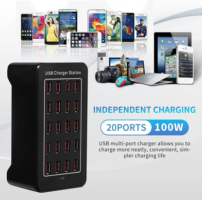 Hub Cargador USB Inteligente Escritorio 20/30 Puertos (100W/150W) Estación Carga Multi-Puerto para Samsung/iPhone/iPad/Tablet