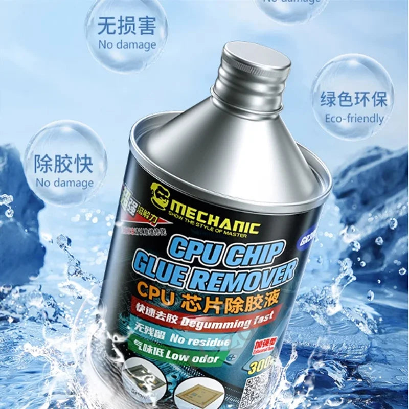 Líquido Removedor Pegamento CPU MECHANIC GR300 (300ml) con Cepillo Limpieza para IC (Inmersión 20 min) Herramienta Reparación Teléfono