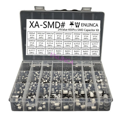 Kit Surtido Capacitor Electrolítico Aluminio SMD (1uF-1000uF, 24 Valores) - Pack 400 Piezas