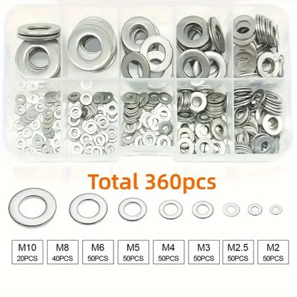 Set Arandelas Planas Acero Inoxidable 304 para Decoración Hogar/Reparación Fábrica/Cocina/Tiendas (360 Piezas)