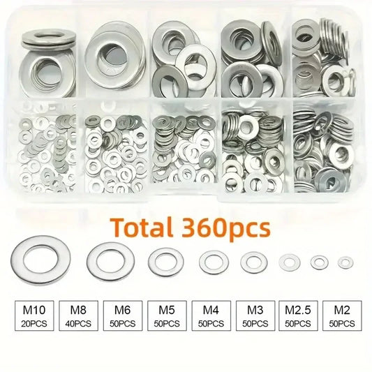 Set Arandelas Planas Acero Inoxidable 304 para Decoración Hogar/Reparación Fábrica/Cocina/Tiendas (360 Piezas)