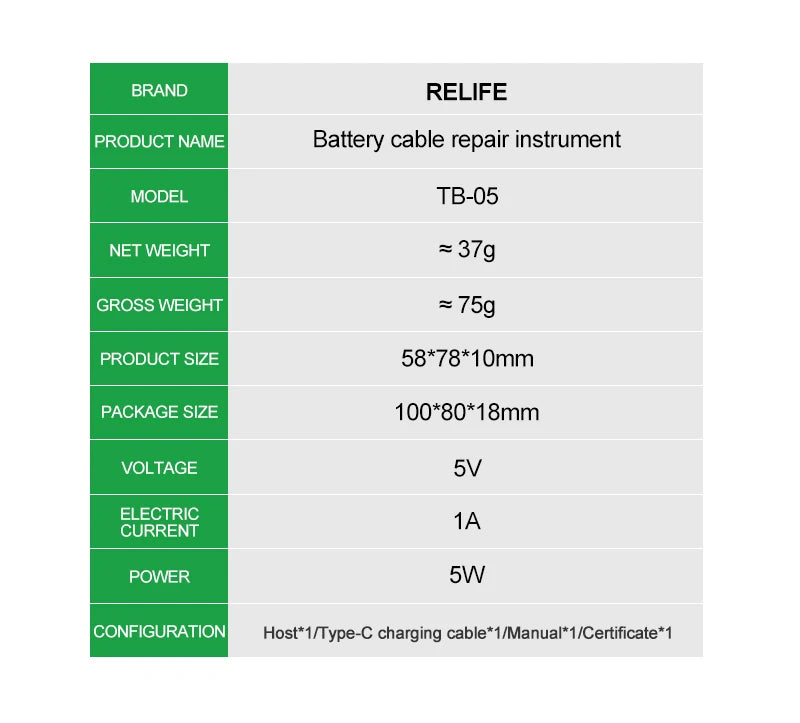 RELIFE TB-05 Battery Cable Repair Instrument Setup-free and Boot-free Adapt To Various Models for IPhone IP8G-15PM