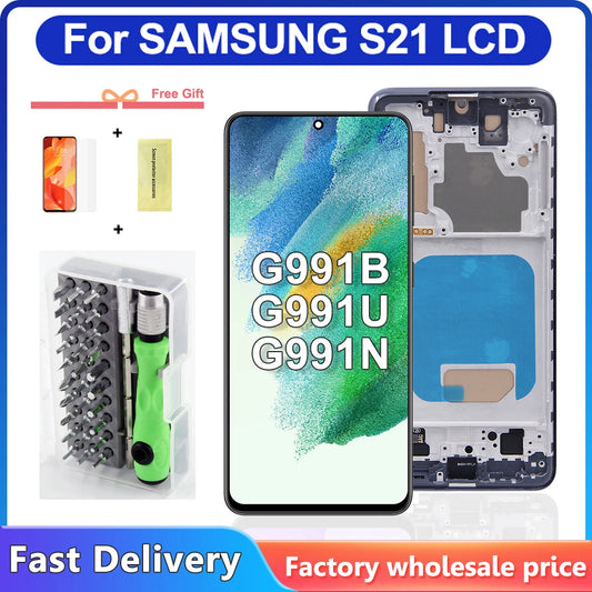 Pantalla S21 probada con marco para Samsung para S21 5G G991 G991B G991W G991U pantalla LCD MONTAJE DE digitalizador con pantalla táctil reemplazar