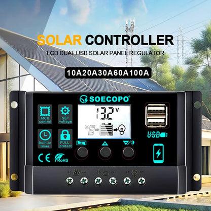 Controlador Carga Solar 100A 12V/24V AutoSwitch LCD Protección Sobrecarga/Cortocircuito para RV/Bote/Off-Grid