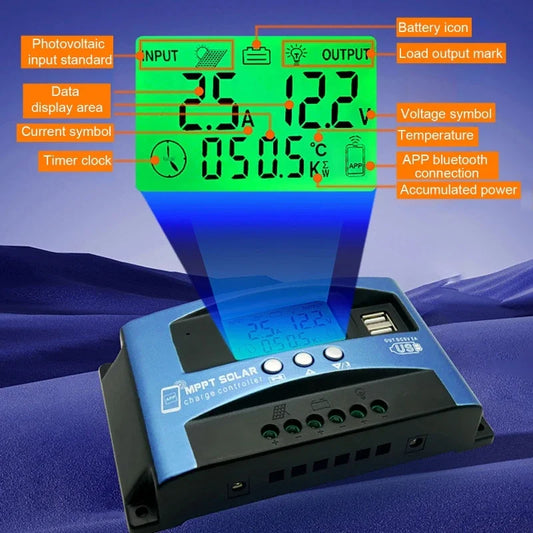 Controlador Carga Solar MPPT 30A-100A 12V-60V Bluetooth LCD Dual USB para Batería Plomo-Ácido/Litio