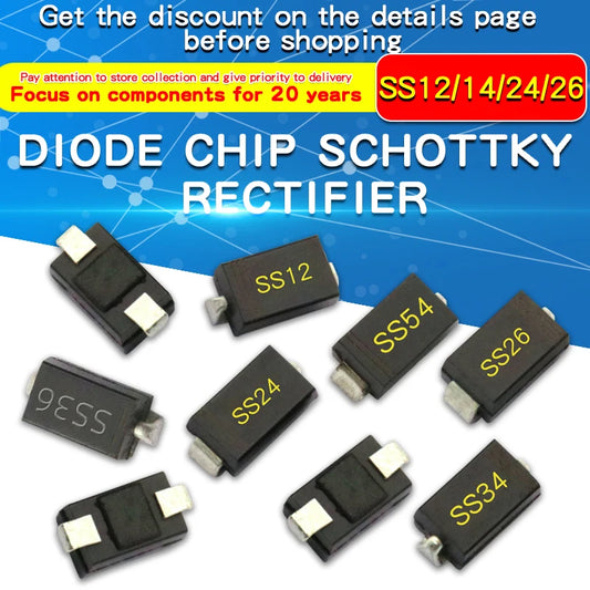 Diodo Schottky SMD (SS12/SS14/SS24/SS26/SS34/SS36/SS54/SS110/SS2200, SMA) (20 Unidades)