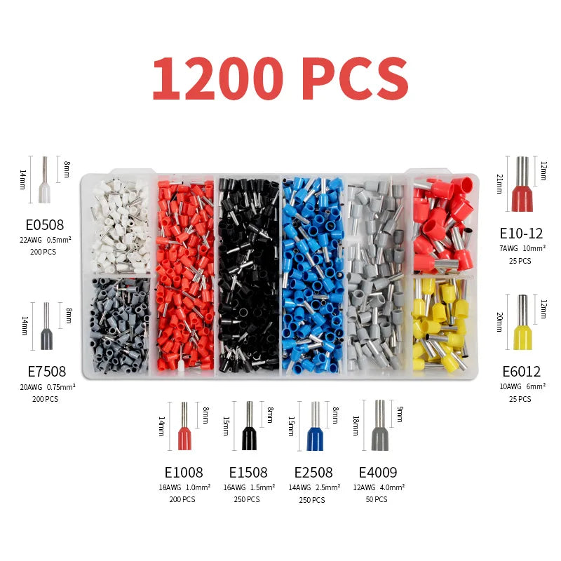 Kit Terminales Conectores Ferrules Cable Aislado AWG 22-7 (Punta Cordón) Surtido (1200 Piezas)