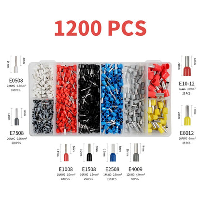 Kit Terminales Conectores Ferrules Cable Aislado AWG 22-7 (Punta Cordón) Surtido (1200 Piezas)