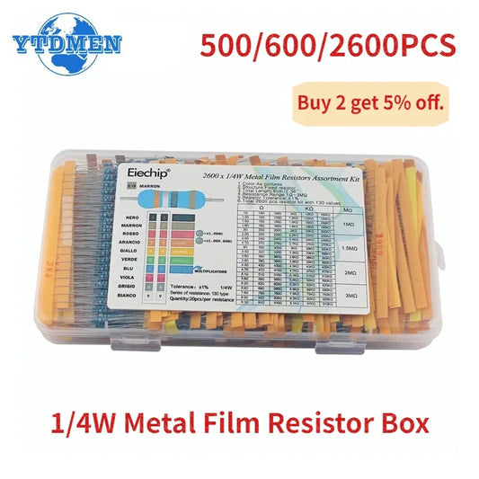 Kit Surtido Resistencias Película Metálica 1/4W 1% (1 Ohm - 10M Ohm) Caja DIY Electrónico (500/600/2600 Unidades)