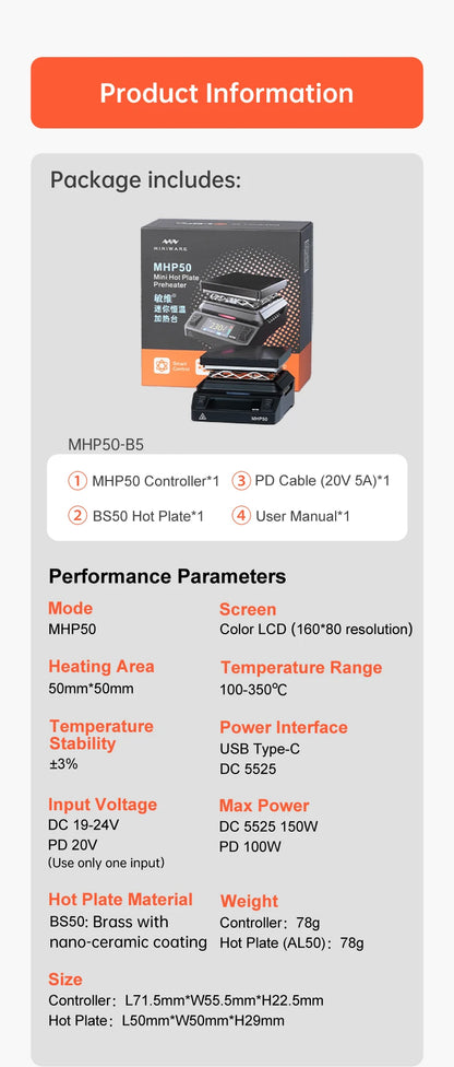 MINIWARE MHP50 Mini Hot Plate Preheater 50*50mm Heating Area Constant Temperature Heating Table 350℃ Intelligent Heating Tool