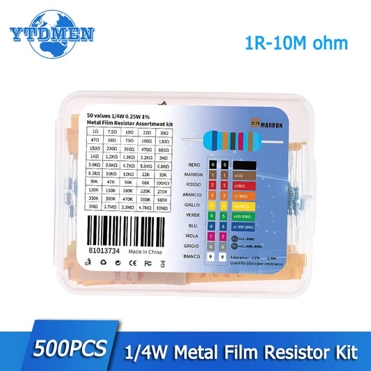 Kit Surtido Resistencias Película Metálica 1/4W 1% (1 Ohm - 10M Ohm) DIY Electrónico (500/2500 Piezas)