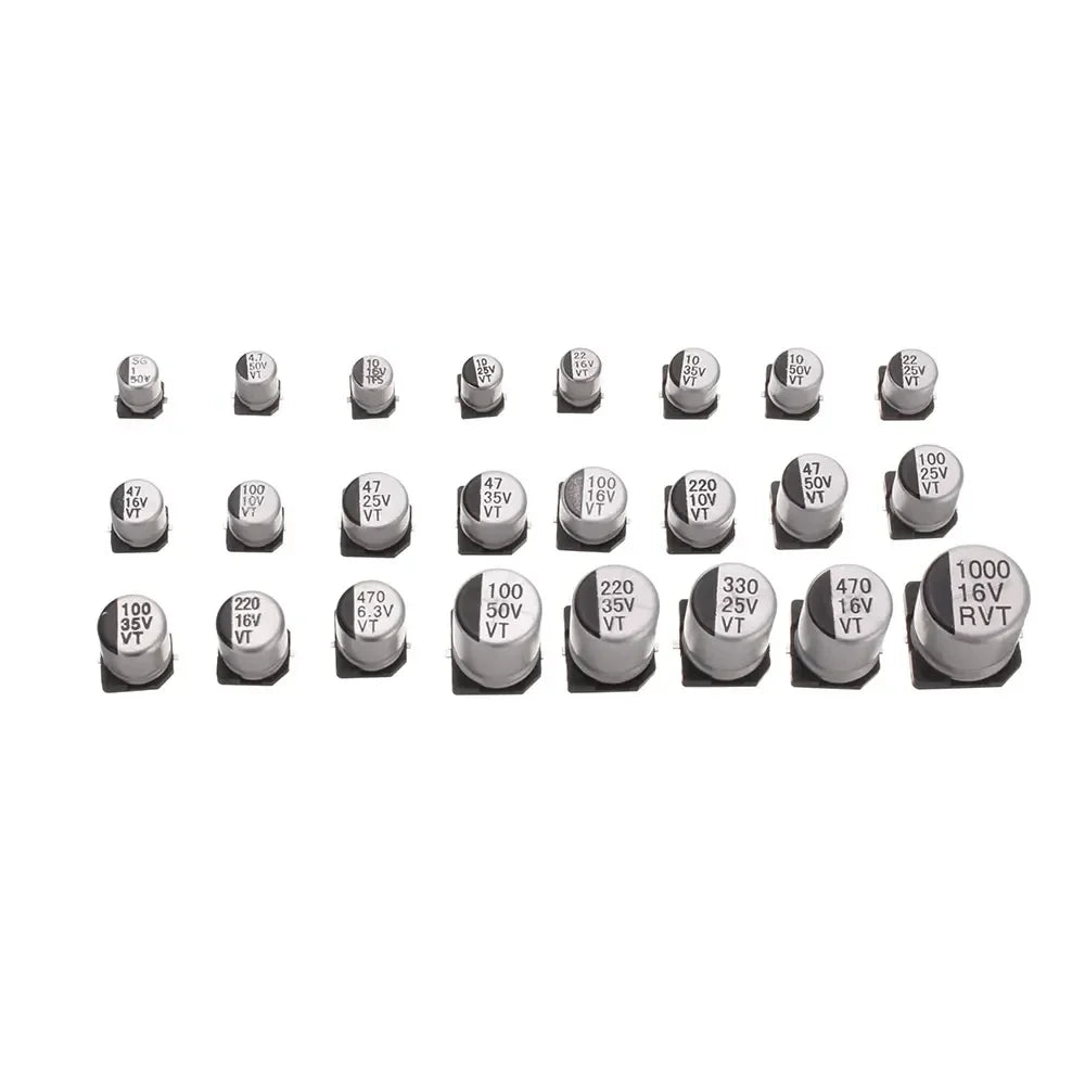 Kit Surtido Capacitor Electrolítico Aluminio SMD (1uF-1000uF, 6.3V-50V, 24 Valores) - Pack 400 Piezas
