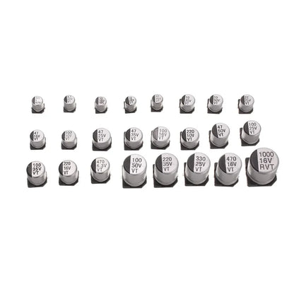 Kit Surtido Capacitor Electrolítico Aluminio SMD (1uF-1000uF, 6.3V-50V, 24 Valores) - Pack 400 Piezas