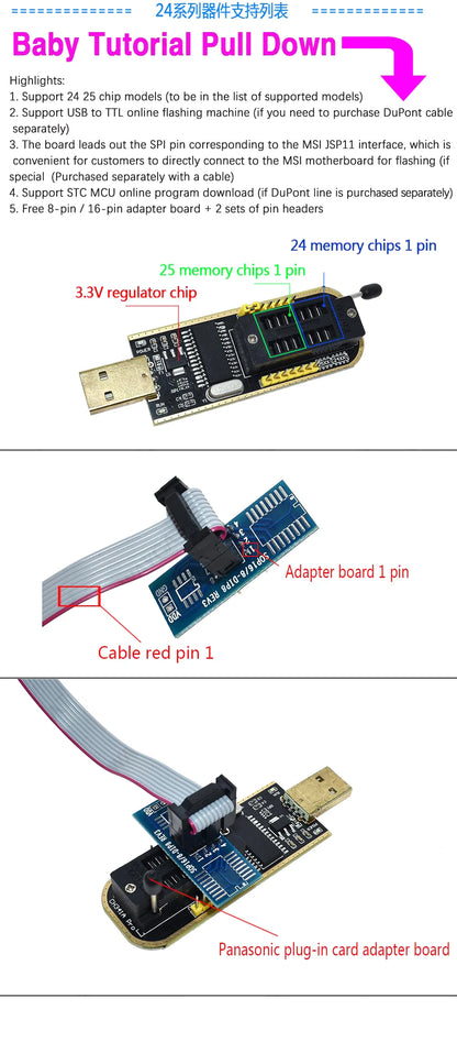 Kit Programador USB XTW100 (CH341) 24/25 Series EEPROM Flash BIOS + Clip Test SOIC8/SOP8