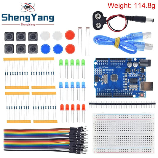 Kit Inicio TZT para Arduino UNO R3 (Mini Protoboard, LED, Cables Jumper, Botón) para Educación Escolar/Laboratorio