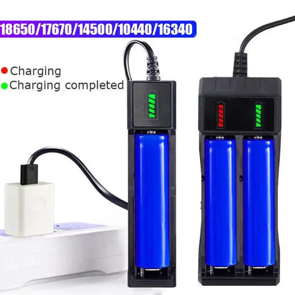 Cargador USB Baterías Litio Recargables 18650 (1/2/4 Ranuras, 3.7V) para 16340/14500/18650