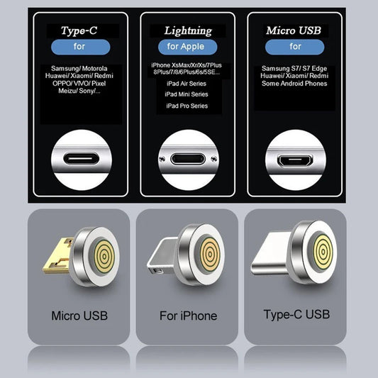 Puntas/Cabezales Conector Adaptador Carga Magnética para Cable USB (Tipo C/Micro USB/iPhone) Carga Rápida 3A (5 Unidades, Sin Cable)