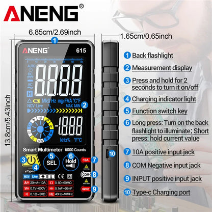 Multímetro Digital Inteligente ANENG AN-615 - Táctil Recargable (6000 Cuentas) Tester Voltaje/Corriente AC/DC