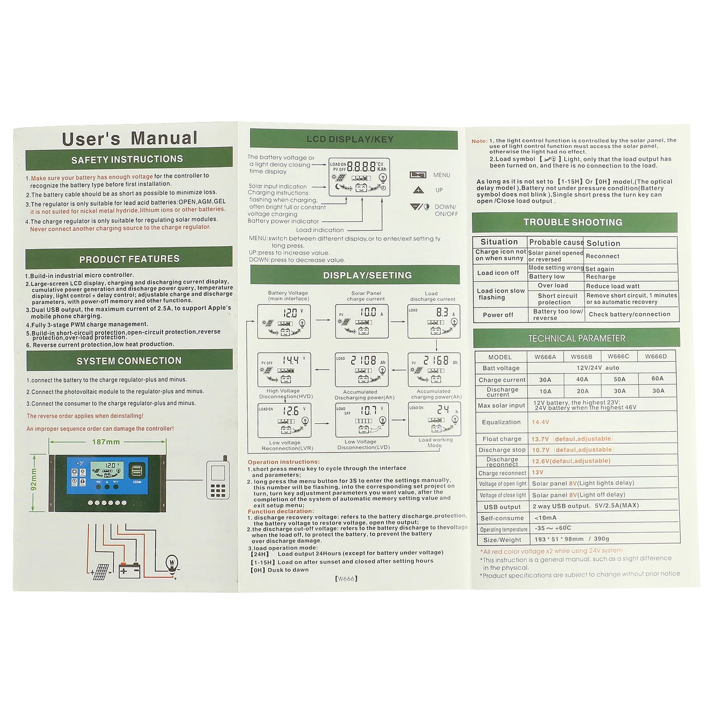Controlador Carga Panel Solar 12V/24V PWM/MPPT 10A-30A Cargador Batería Auto Regulador USB 5V Max PV 50V
