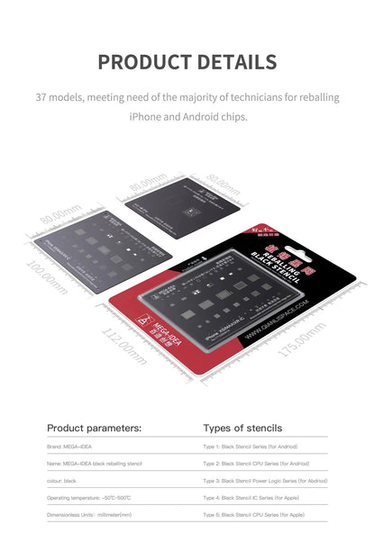 QIANLI MEGA-IDEA Black BGA Reballing Stencil Multifunction Universal Net for iPhone 6-16 Pro Max Planting Tin Steel Mesh tools