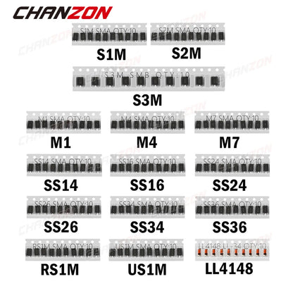 Kit Surtido Diodos SMD Schottky y Switching (M1, M7, SS14, SS34, LL4148, etc.)