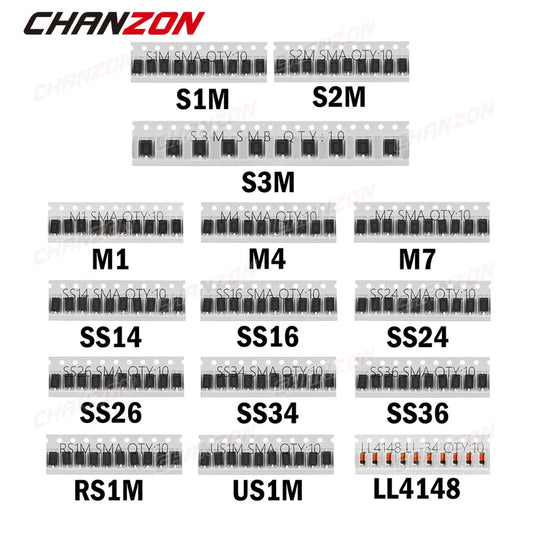 Kit Surtido Diodos SMD Schottky y Switching (M1, M7, SS14, SS34, LL4148, etc.)
