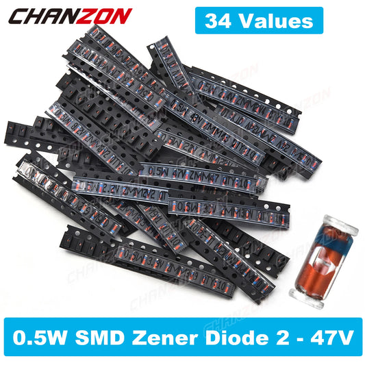 Kit Surtido Diodos Zener SMD 0.5W (2V-47V, 34 Valores) para Montaje Superficial