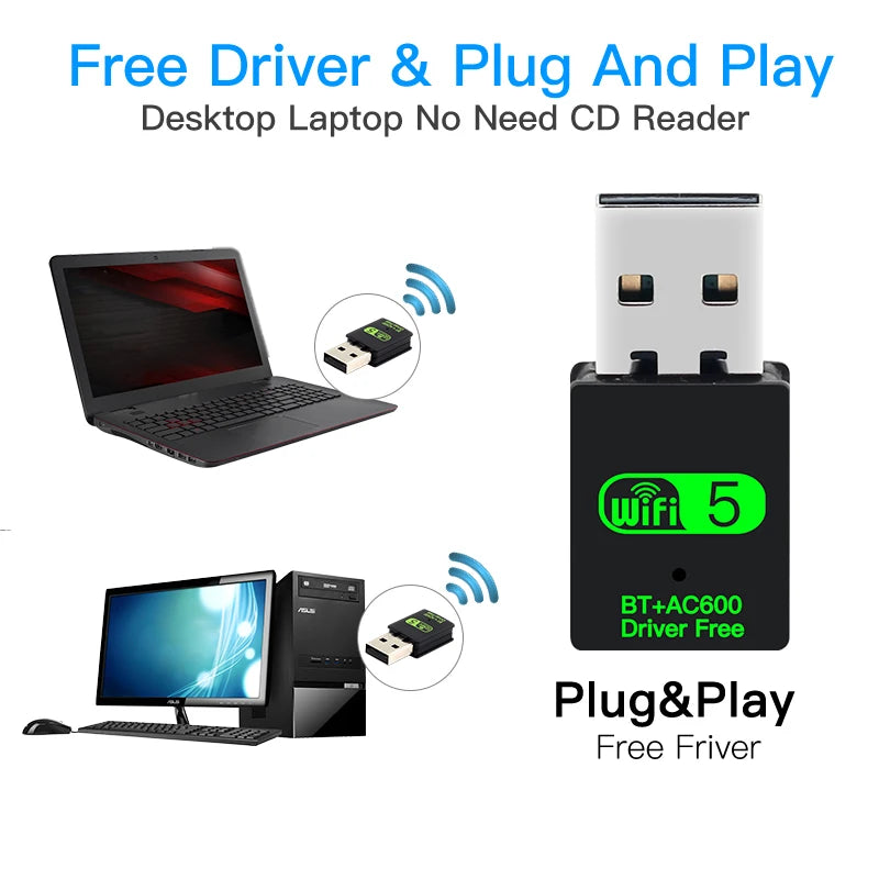 Adaptador Dongle USB 2 en 1 WiFi 600Mbps (2.4G/5G) + Bluetooth 5.0 (Driver Free) Receptor WLAN Inalámbrico