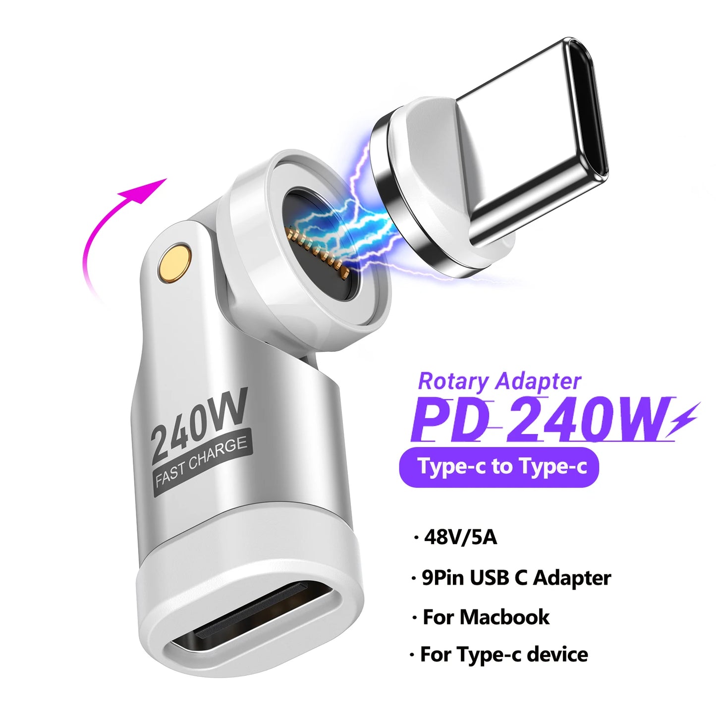 Adaptador Magnético AUFU USB-C Hembra a Tipo C Macho 9 Pines (240W Carga Rápida) Convertidor para iPhone 15/16/Laptop/Macbook/Samsung
