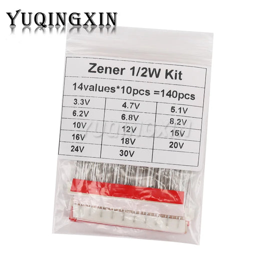 Kit Muestrario Diodos Zener (0.5W / 1/2W, 3.3V-30V, 14 Valores x 10 Unidades, DO-35) DIY - Pack 140 Piezas