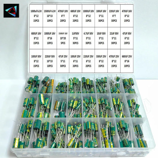 Kit Surtido Capacitor Electrolítico Aluminio en Caja (1uF-1000uF, 10V-100V, 24 Valores) - Pack 625 Piezas