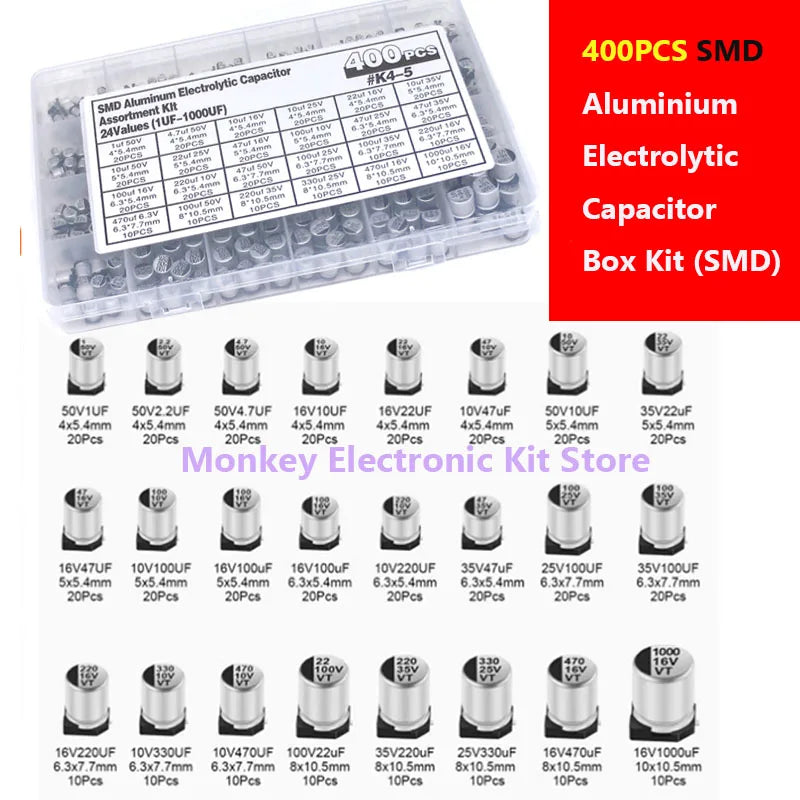 Kit Surtido Capacitor Electrolítico Aluminio SMD (1uF-1000uF, 6.3V-50V, 24 Valores) con Caja - Pack 400 Piezas