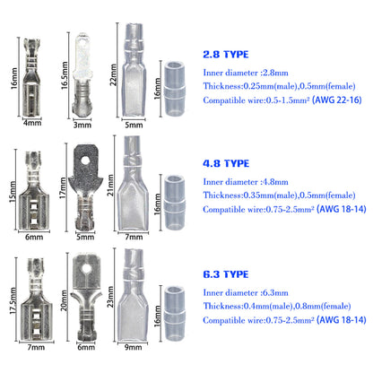 Set Conectores Terminal Crimp Macho/Hembra (2.8/4.8/6.3mm) Oro/Plata para Cable Eléctrico Altavoz Auto (100/200 Piezas)