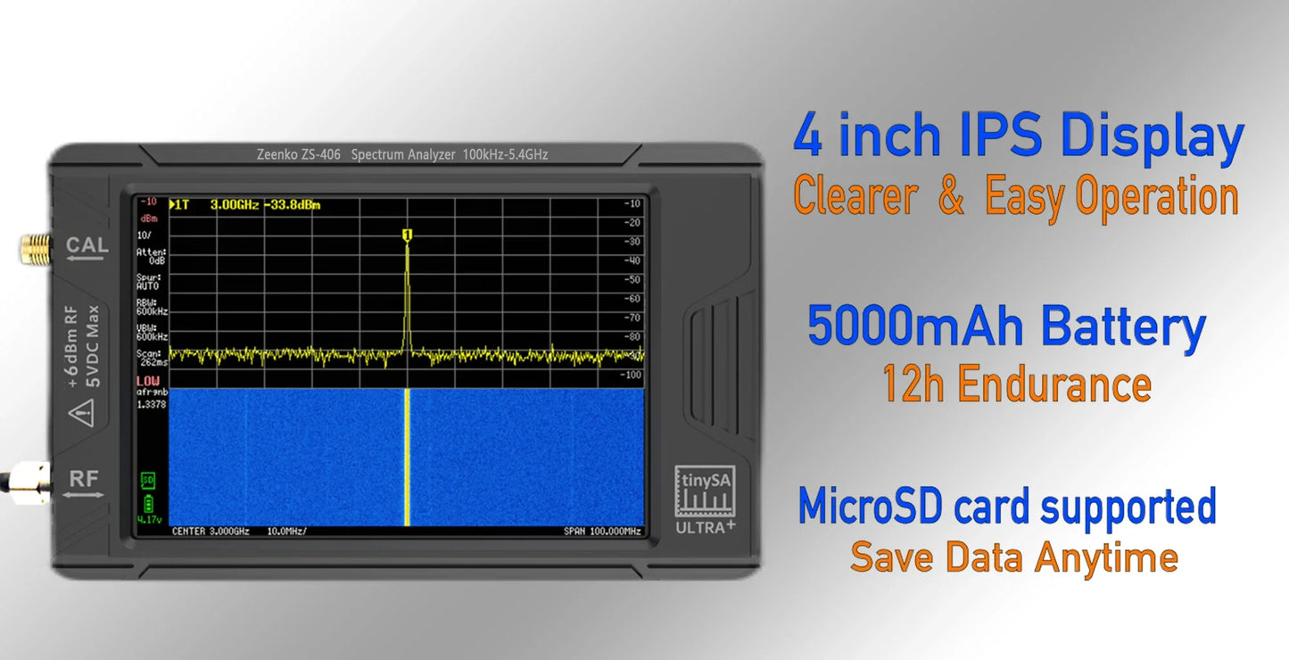 Analizador de Espectro Portátil TinySA Ultra Plus (ZS-406) Pantalla Táctil 3.95" Batería Integrada Original