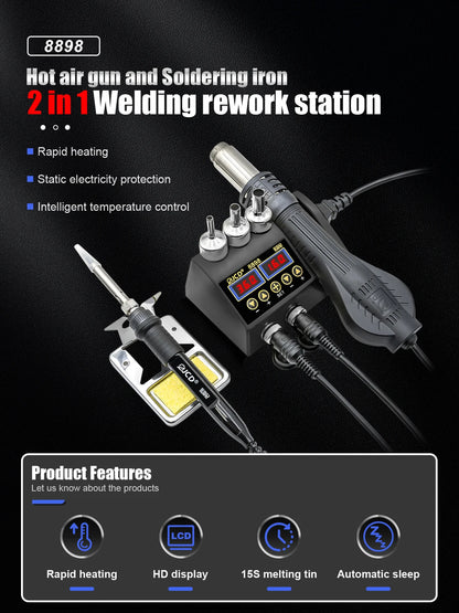 Estación de Soldadura 2 en 1 (Cautín + Pistola Aire Caliente) 750W para Reparación BGA/SMD (Modelo JCD 8898)