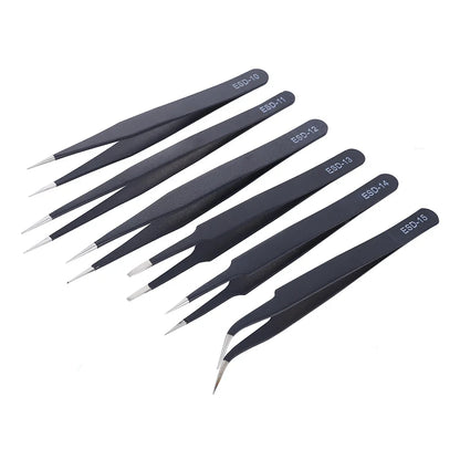 Set Pinzas Acero Inoxidable Anti-Estáticas ESD (Precisión Industrial Curva/Recta) Herramienta Mantenimiento/Reparación (6 Piezas)