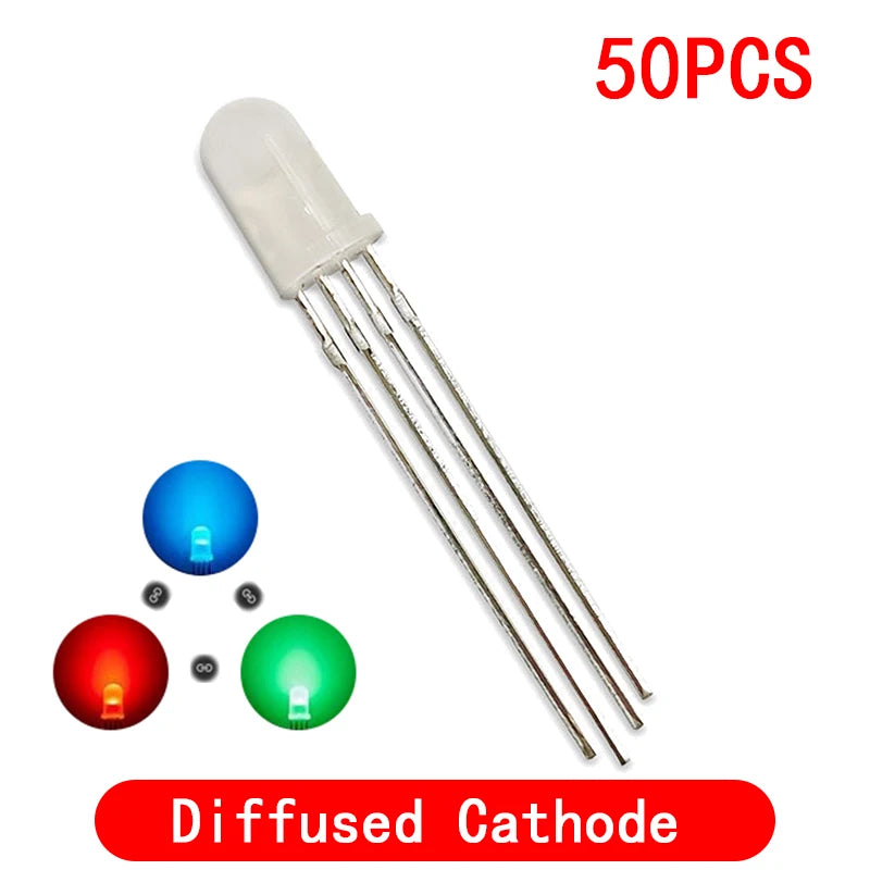 Diodo LED RGB 5mm Full Color Transparente 4 Pines (Cátodo/Ánodo Común) Luz Brillante Colorida (50 Unidades)