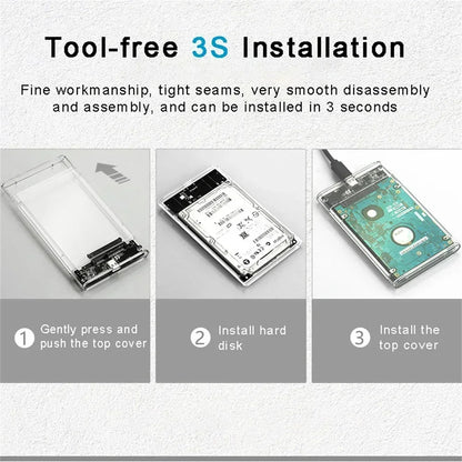 Carcasa Externa USB 3.0/Tipo C para Disco Duro HDD/SSD SATA 2.5" (5Gbps, Transparente, Tool-Free) Caja Harddisk