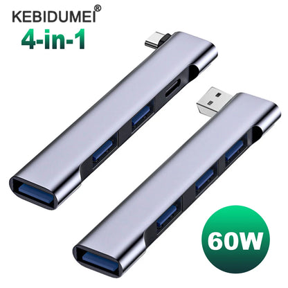 Hub USB-C 4-en-1 USB 3.0 + PD 60W + Type-C 3.1 Splitter OTG para Xiaomi/Lenovo/MacBook Pro/Air